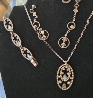 Givenchy Rose Colored Halo Necklace, Bracelet and Earrings w/blue & amber Stones